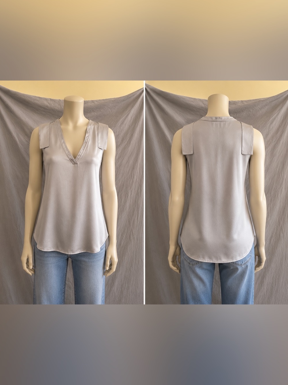 Banana Republic Light Gray Satin V-Neck Sleeveless Shell size Medium M